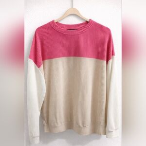 Colorblock Ribbed Crewneck Sweater - Pink, Cream, Beige
